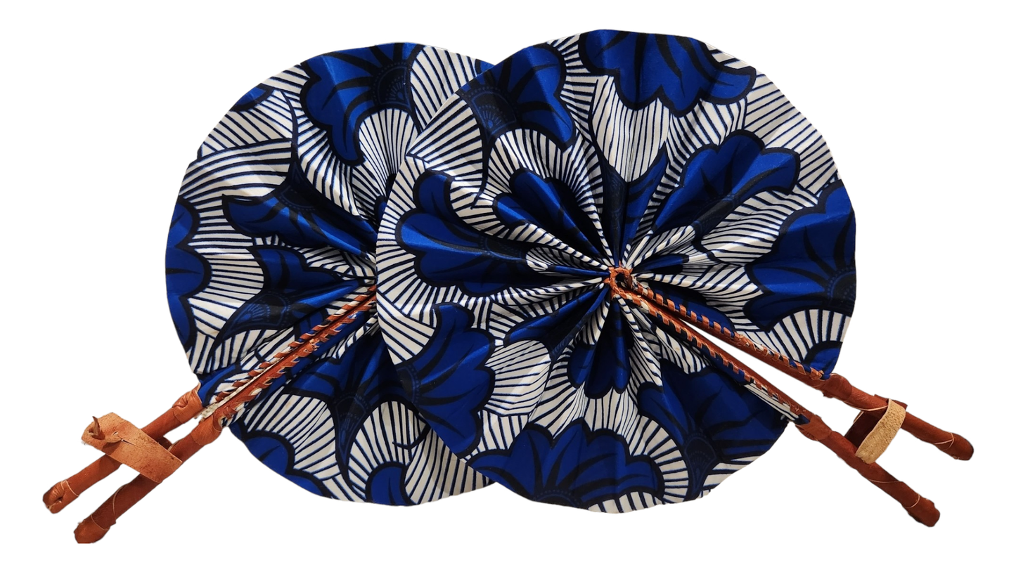 Ankara Fan - White Stripes with Blue Flowers