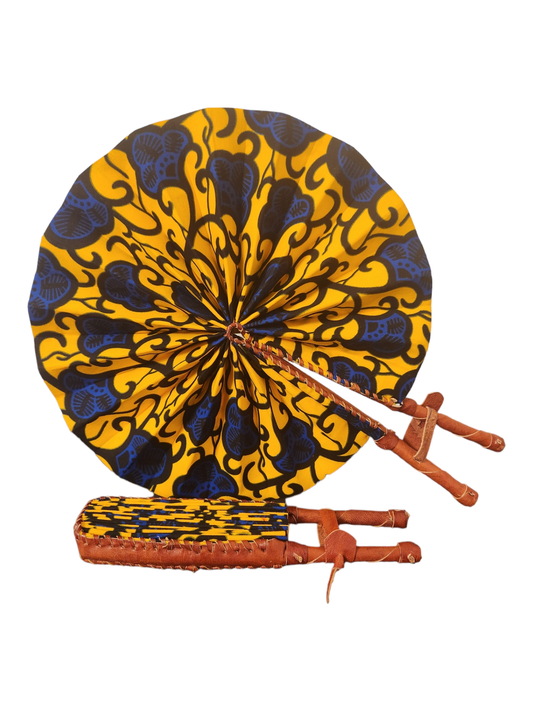 Ankara Fan - Yellow with Blue Flowers