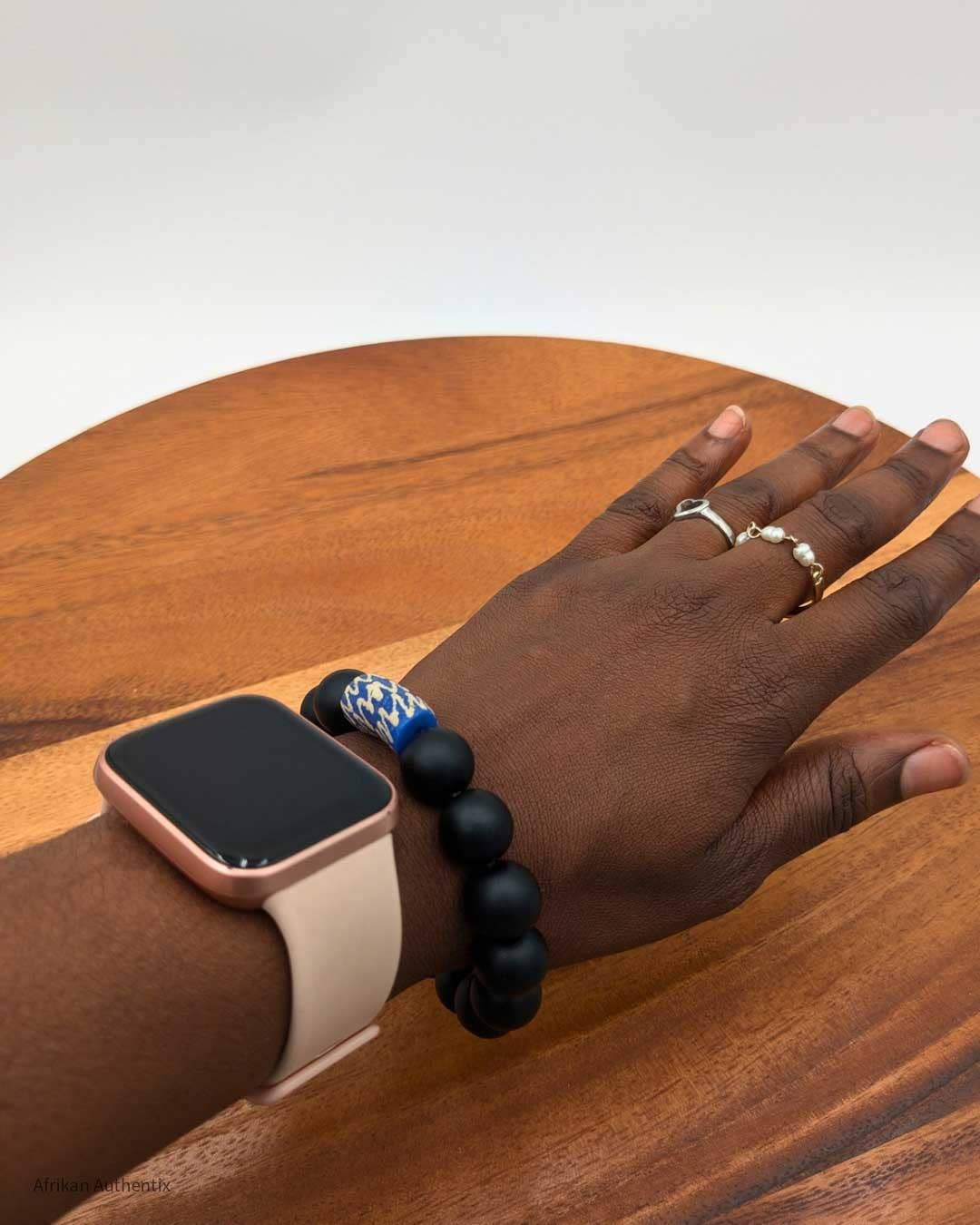 Onyx bracelet with Blue African bead accent for men women