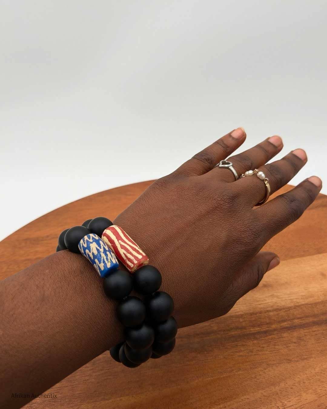 Onyx bracelet with Blue African bead accent for men women