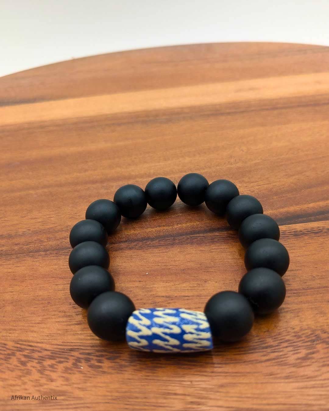 Onyx bracelet with Blue African bead accent for men women
