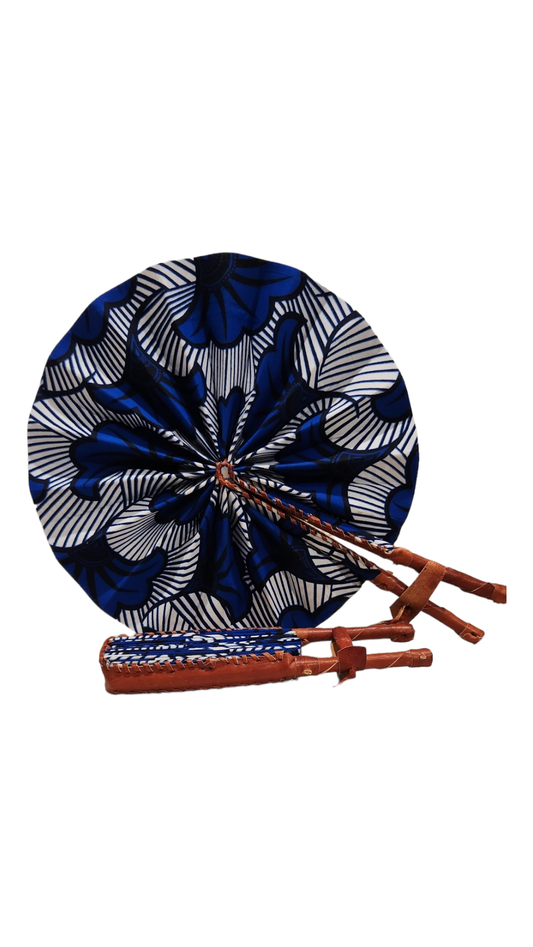 Ankara Fan - White Stripes with Blue Flowers