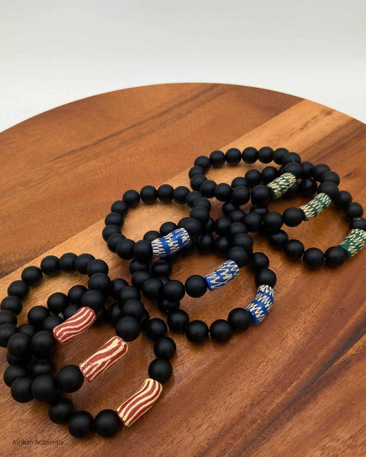 Onyx bracelet with Blue African bead accent for men women