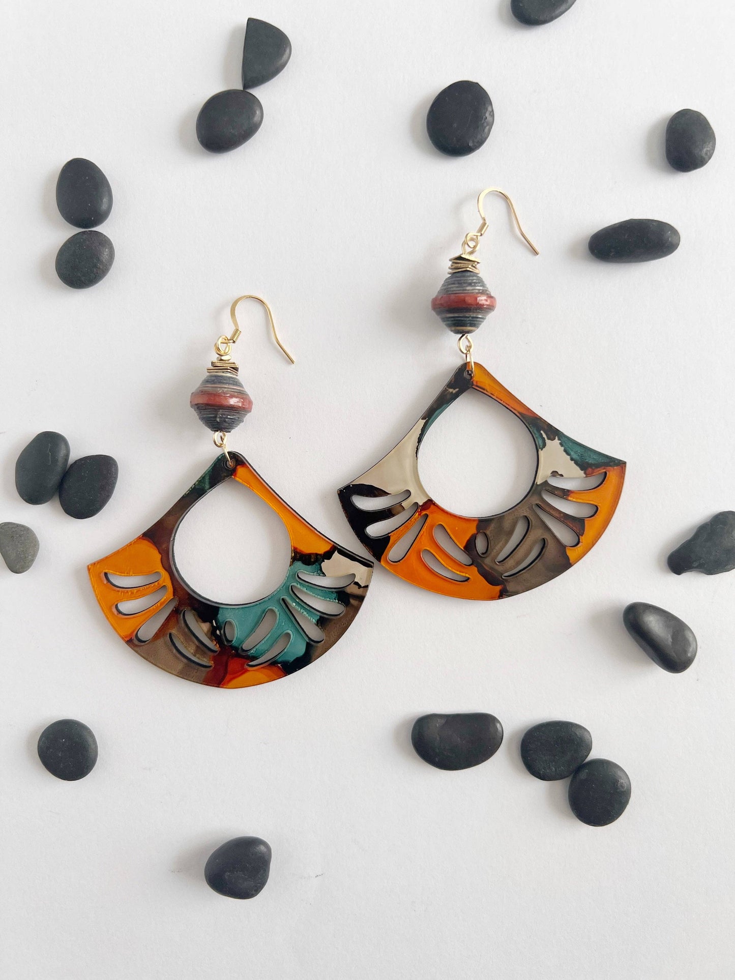 Earrings - KAMARI - orange and blue with beads